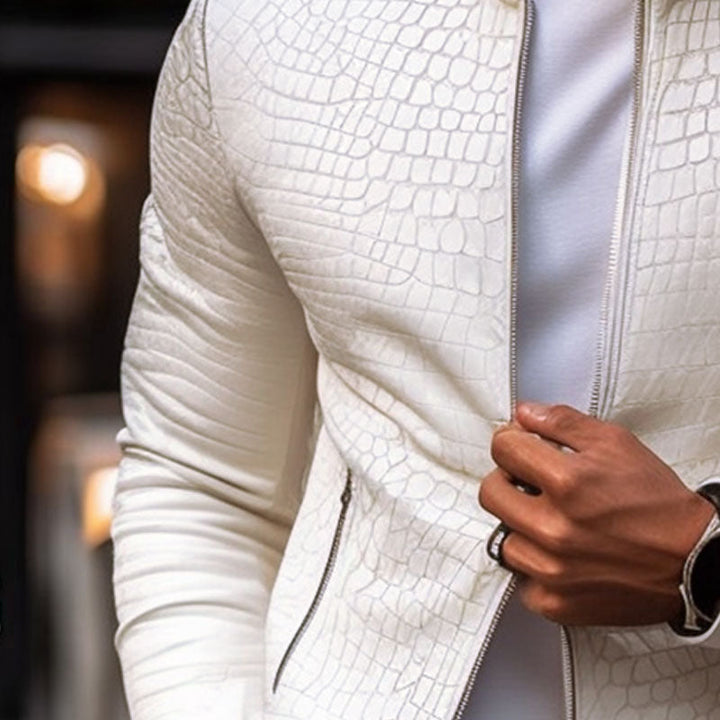 【24-godzinny czas wysyłki】Męska modna kurtka skórzana z zamkiem, slim fit, z wzorem kamienia, kołnierz stojący 45773252M