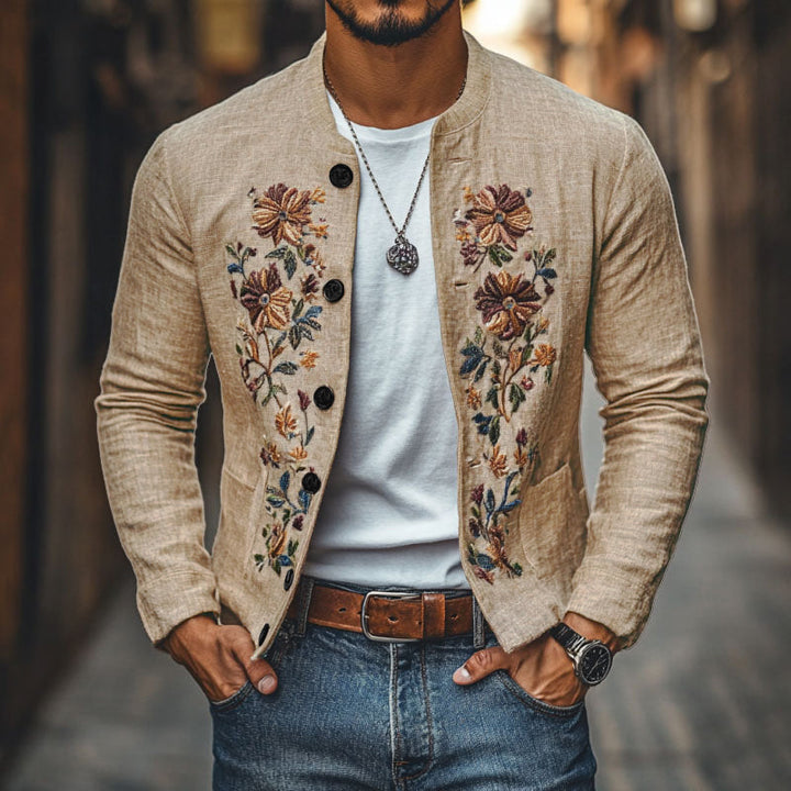 【24-godzinna wysyłka】Męska Casualowa Lniana Kurtka z Haftem z Stojącym Kołnierzem i Zapięciem na Guziki Slim Fit 48687422M