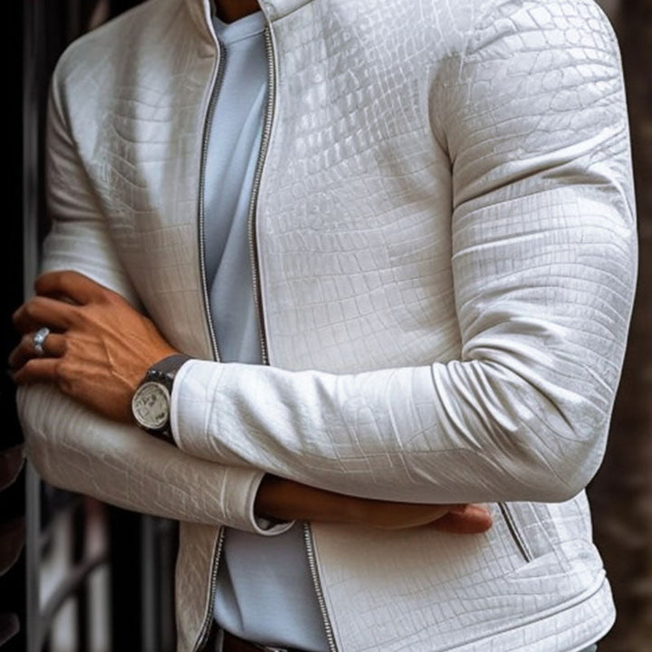 【24-godzinny czas wysyłki】Męska modna kurtka skórzana z zamkiem, slim fit, z wzorem kamienia, kołnierz stojący 45773252M