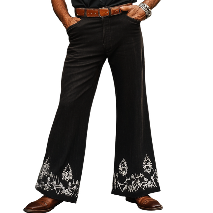 Męskie Spodnie w Stylu Western Cowboy Vintage Srebrne Haftowane z Rozkloszowanym Nogawką MTA1324F7U