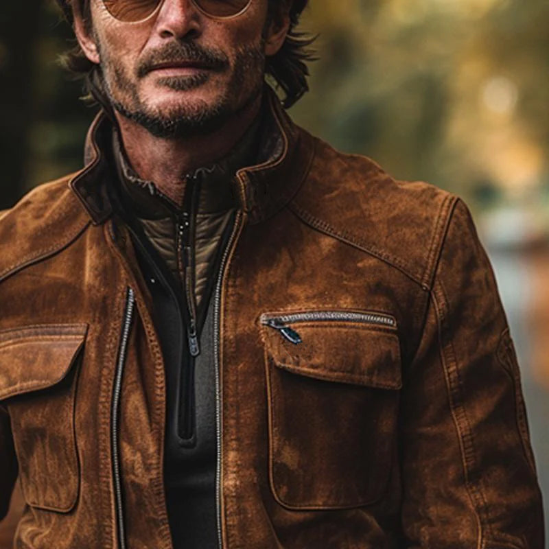 Męska Vintage Suede Kurtka z Stojącym Kołnierzem i Zipperem 39103467X