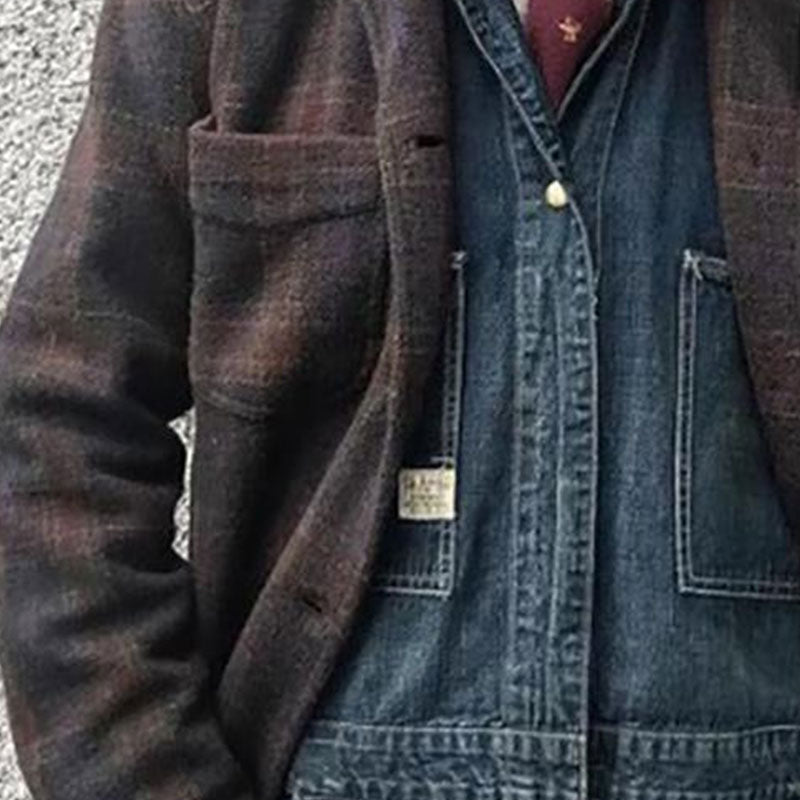 Męska Luźna Kurtka w Retro Kratę z Klapami 84918520X