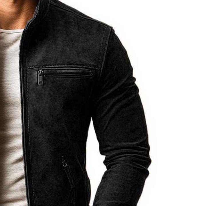 Męska klasyczna casualowa kurtka slim fit z zamkiem, wieloma kieszeniami i stójką z zamszu 21868311K