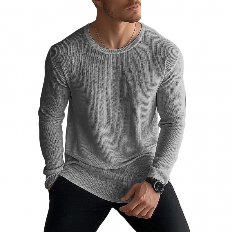 Męski Casual Jednolity Kolor Oddychający Dzianinowy Sweter T-shirt z Okrągłym Dekoltem Luźny Długi Rękaw MTA2184G6M