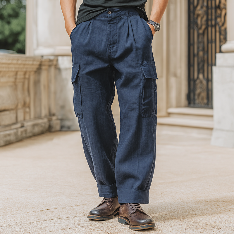 Męskie Retro Casual Spodnie w Jednolitym Kolorze z Bawełny i Lnu MTA3146G0TO