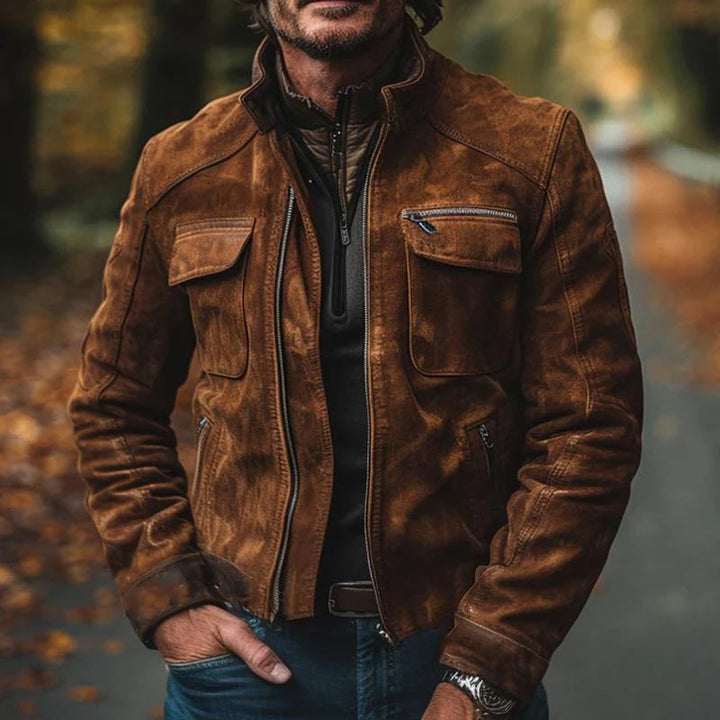 Męska Vintage Suede Kurtka z Stojącym Kołnierzem i Zipperem 39103467X