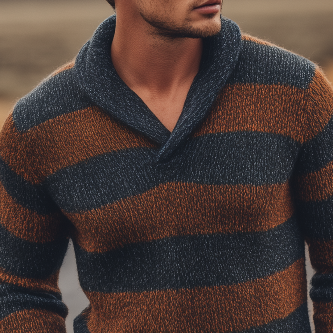 Męski klasyczny casualowy sweter z dekoltem w serek w kontrastowe paski, slim-fit MTA3077H8K