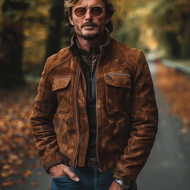 Męska Vintage Suede Kurtka z Stojącym Kołnierzem i Zipperem 39103467X