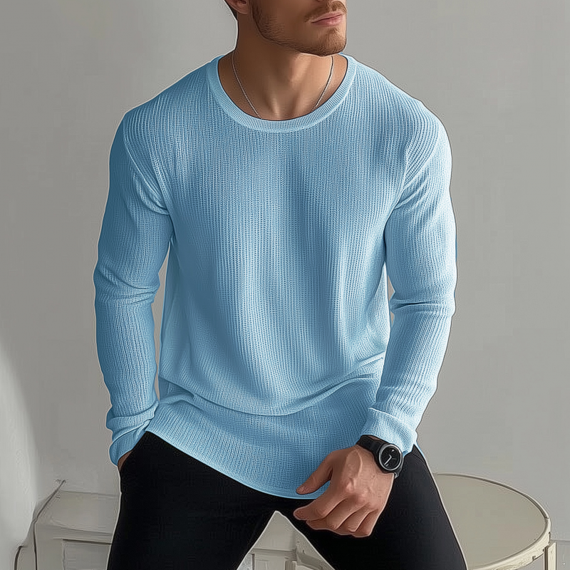 Męski Casual Jednolity Kolor Oddychający Dzianinowy Sweter T-shirt z Okrągłym Dekoltem Luźny Długi Rękaw MTA2184G6M
