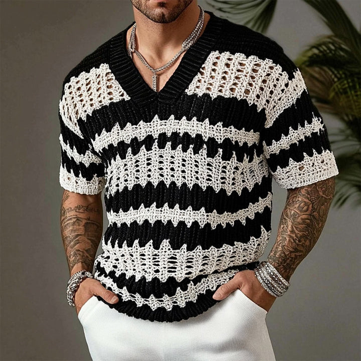 【24-godzinna wysyłka】Męski sweter z dzianiny z kontrastowym kolorze, dekoltem w serek i krótkim rękawem T-Shirt 14944957X