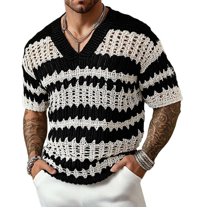 【24-godzinna wysyłka】Męski sweter z dzianiny z kontrastowym kolorze, dekoltem w serek i krótkim rękawem T-Shirt 14944957X