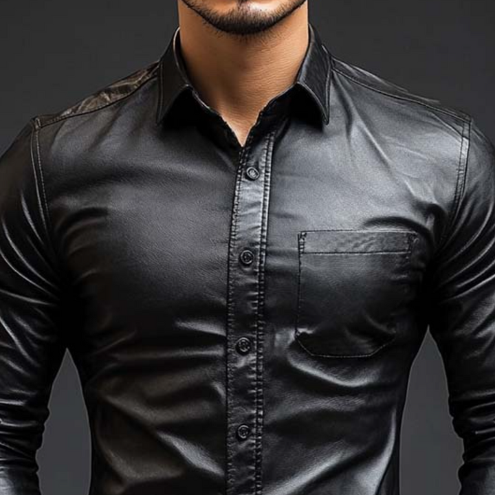 Męska Klasyczna Casual Slim Fit Skórzana Koszula z Długim Rękawem 79897850K