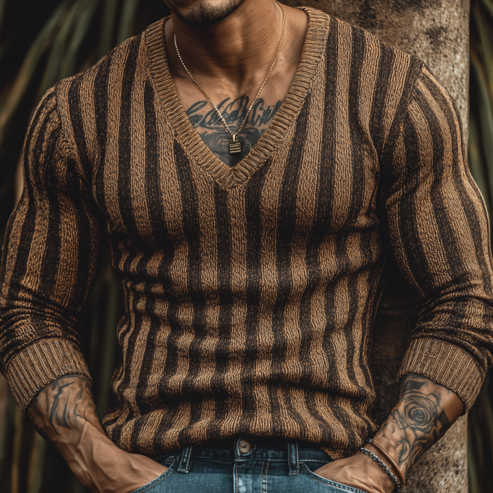 Męski Vintage Kontrastowy Sweter z Pionowymi Paskami w Serek Slim Fit MTA1877H4M