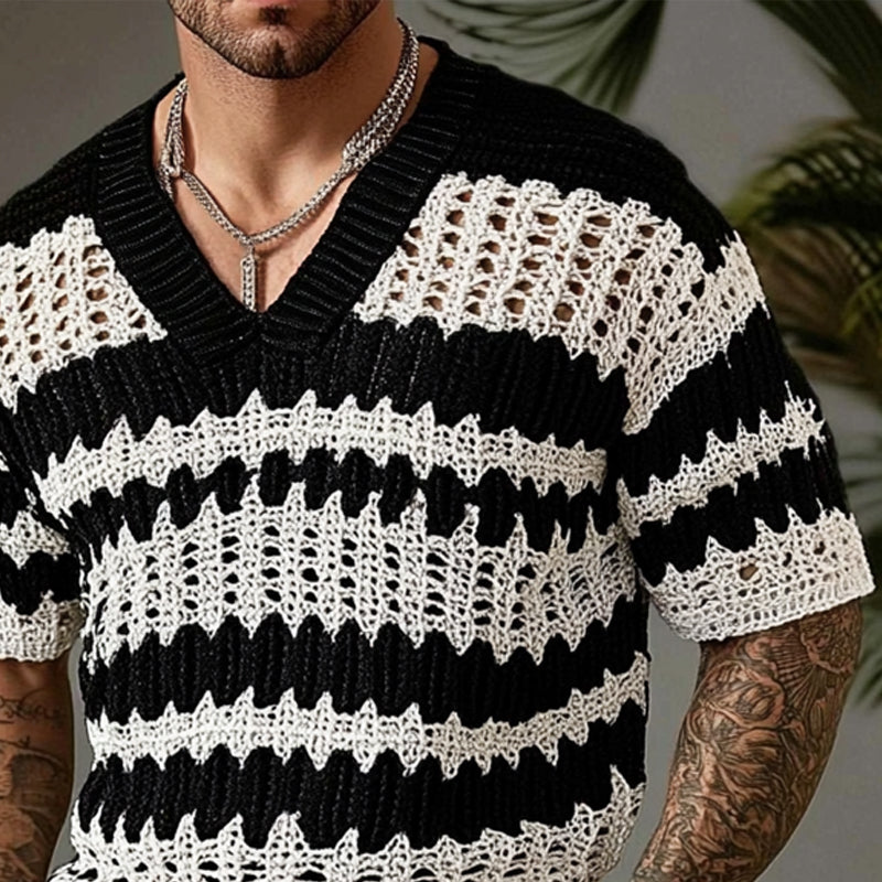 【24-godzinna wysyłka】Męski sweter z dzianiny z kontrastowym kolorze, dekoltem w serek i krótkim rękawem T-Shirt 14944957X