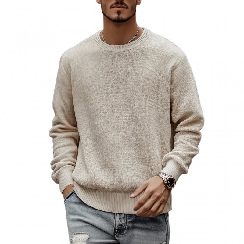 Męski casualowy oddychający sweter z okrągłym dekoltem, luźny, długi rękaw, dzianinowy MTA3154G7M