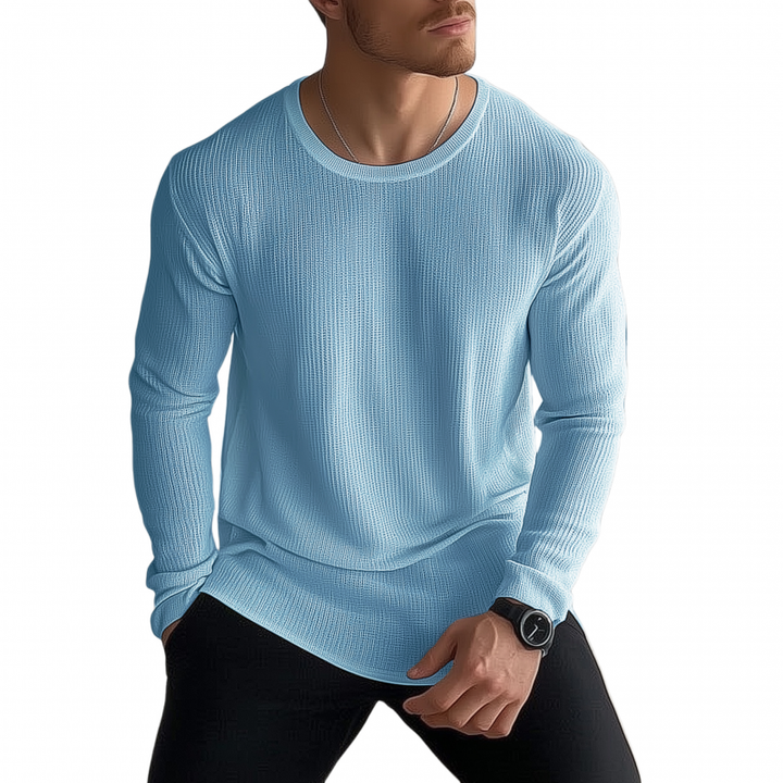 Męski Casual Jednolity Kolor Oddychający Dzianinowy Sweter T-shirt z Okrągłym Dekoltem Luźny Długi Rękaw MTA2184G6M