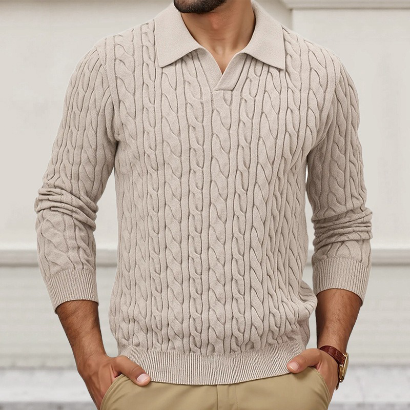 Męski sweter polo z dekoltem, slim fit, w jednolitym kolorze, z fakturą w warkocze MTA1373H6X