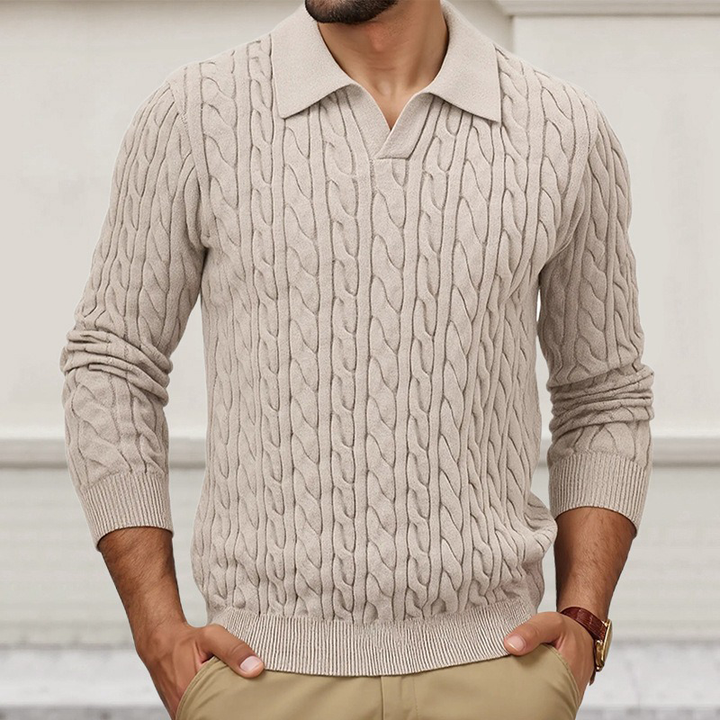 Męski sweter polo z dekoltem, slim fit, w jednolitym kolorze, z fakturą w warkocze MTA1373H6X