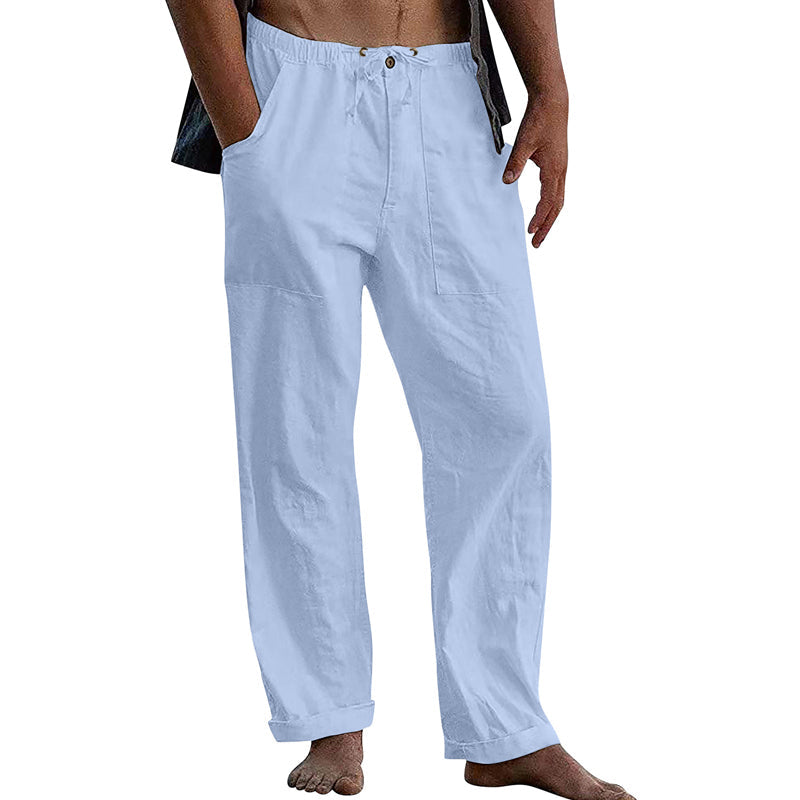 Męskie Casual Spodnie z Bawełny i Lnu w Kolorze Jednolitym 10162865Y