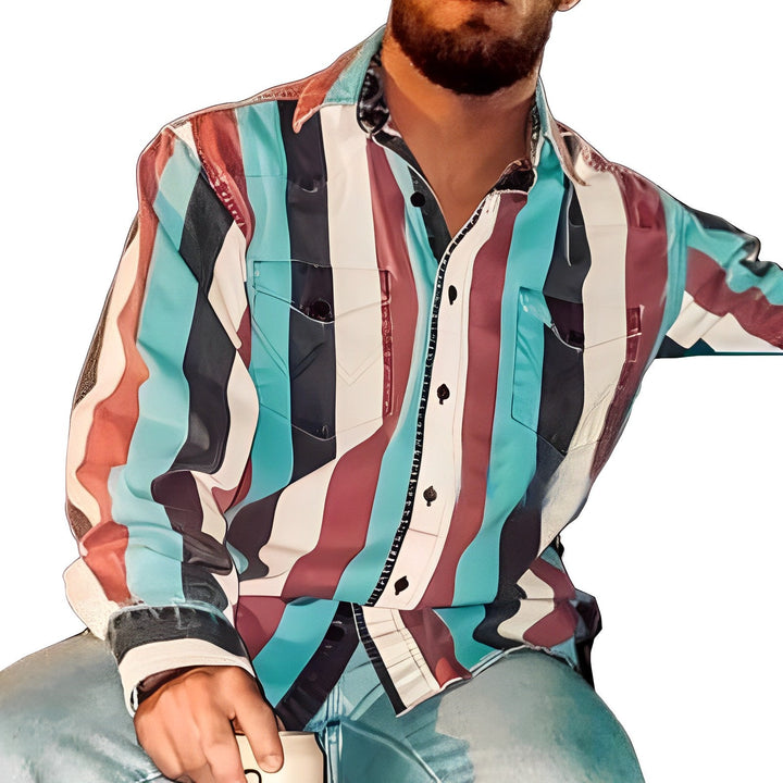 Męska Koszula z Długim Rękawem w Stylu Retro z Kolorowymi Pasami 56477625M