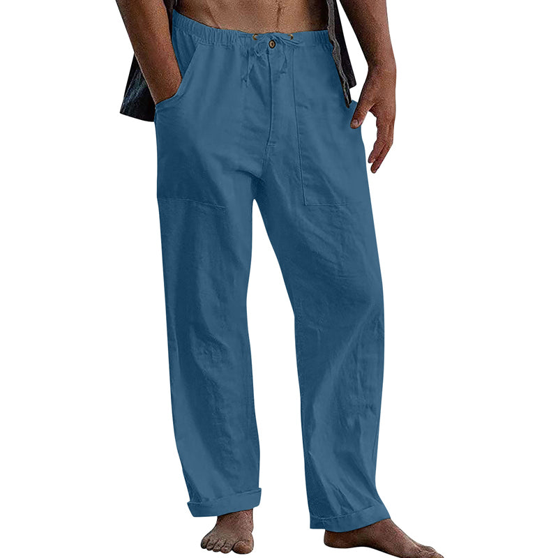 Męskie Casual Spodnie z Bawełny i Lnu w Kolorze Jednolitym 10162865Y