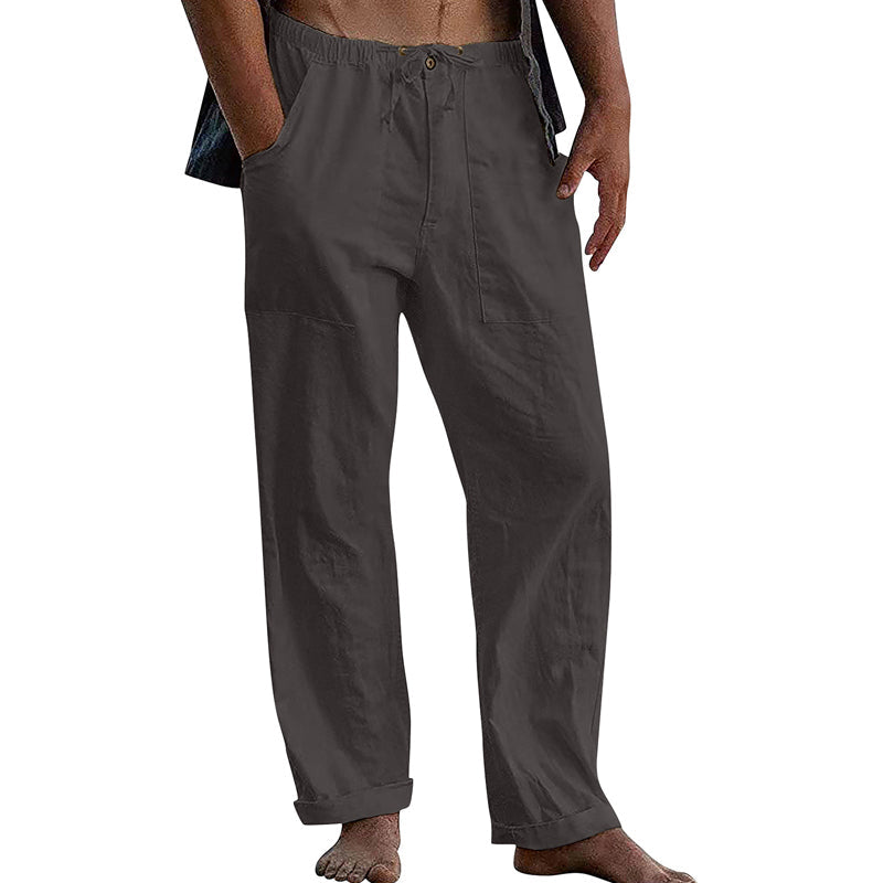 Męskie Casual Spodnie z Bawełny i Lnu w Kolorze Jednolitym 10162865Y