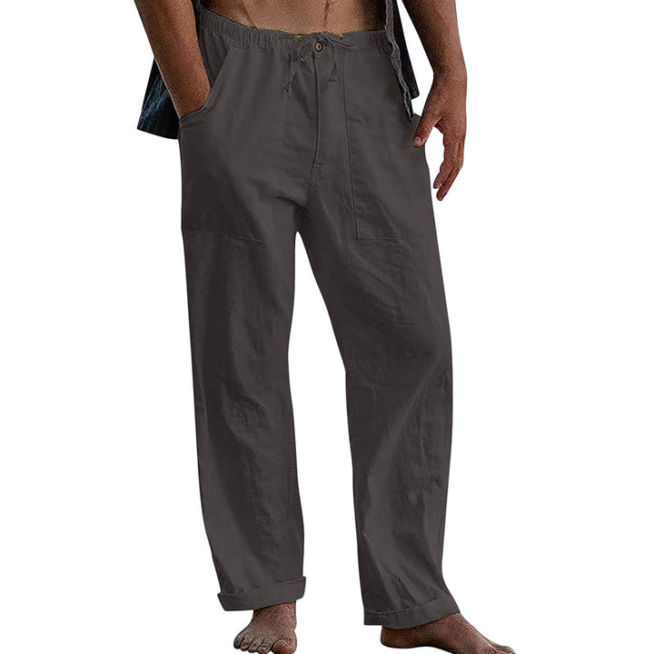 Męskie Casual Spodnie z Bawełny i Lnu w Kolorze Jednolitym 10162865Y