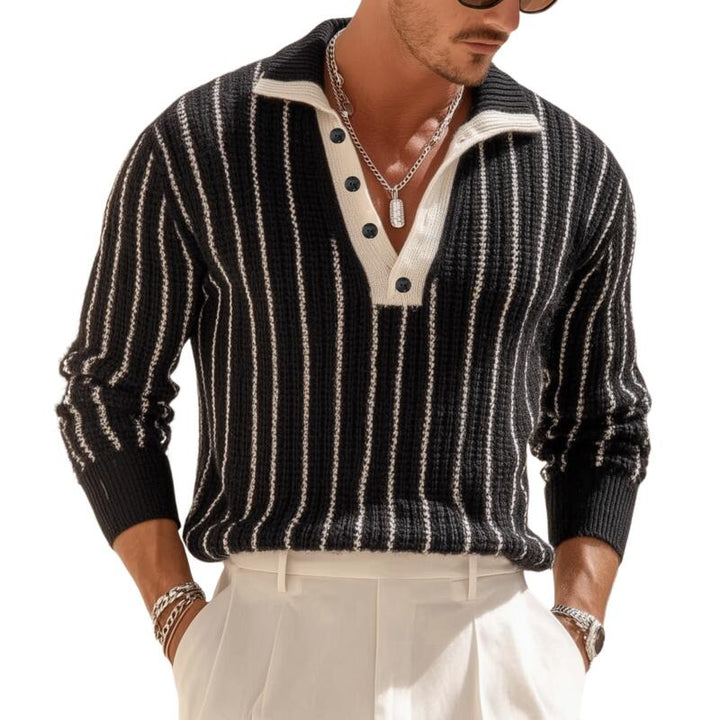 Męski Sweter Polo z Kontrastowymi Paskami, Oddychający, Luźny Pulower MTA2815H4M