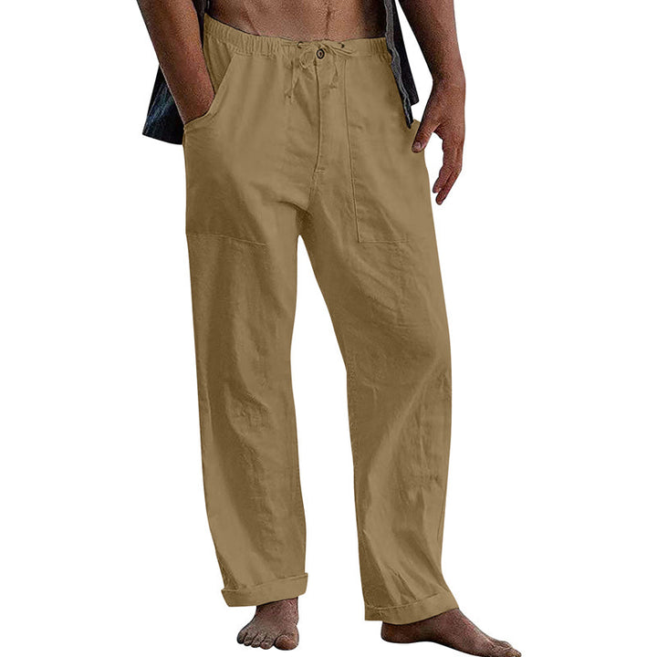Męskie Casual Spodnie z Bawełny i Lnu w Kolorze Jednolitym 10162865Y