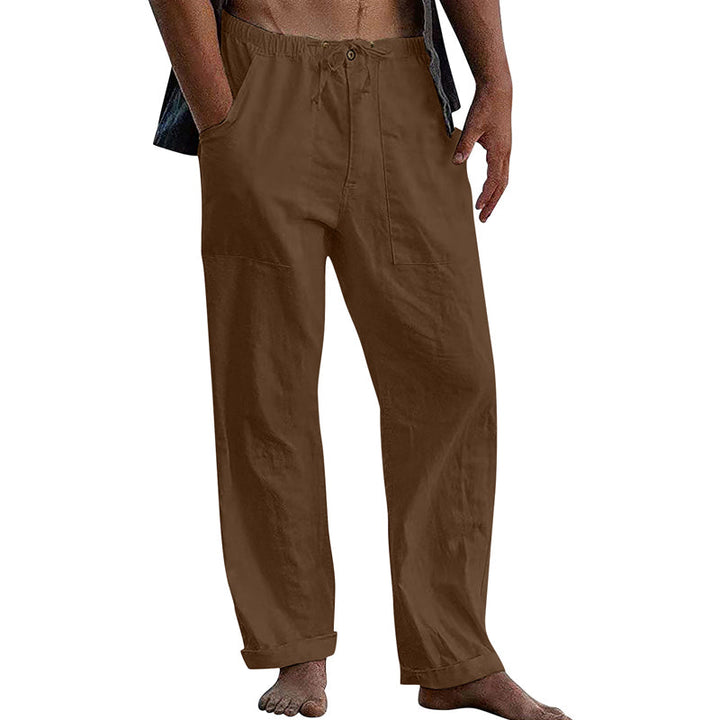 Męskie Casual Spodnie z Bawełny i Lnu w Kolorze Jednolitym 10162865Y