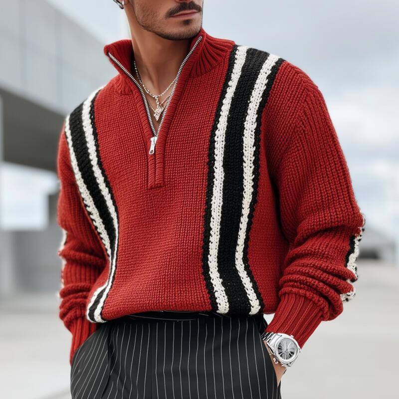 Męski Vintage Kontrastowy Sweter z Oddychającego Dzianiny z Zapięciem na Zamek i Stojącym Kołnierzem MTA2841H3M
