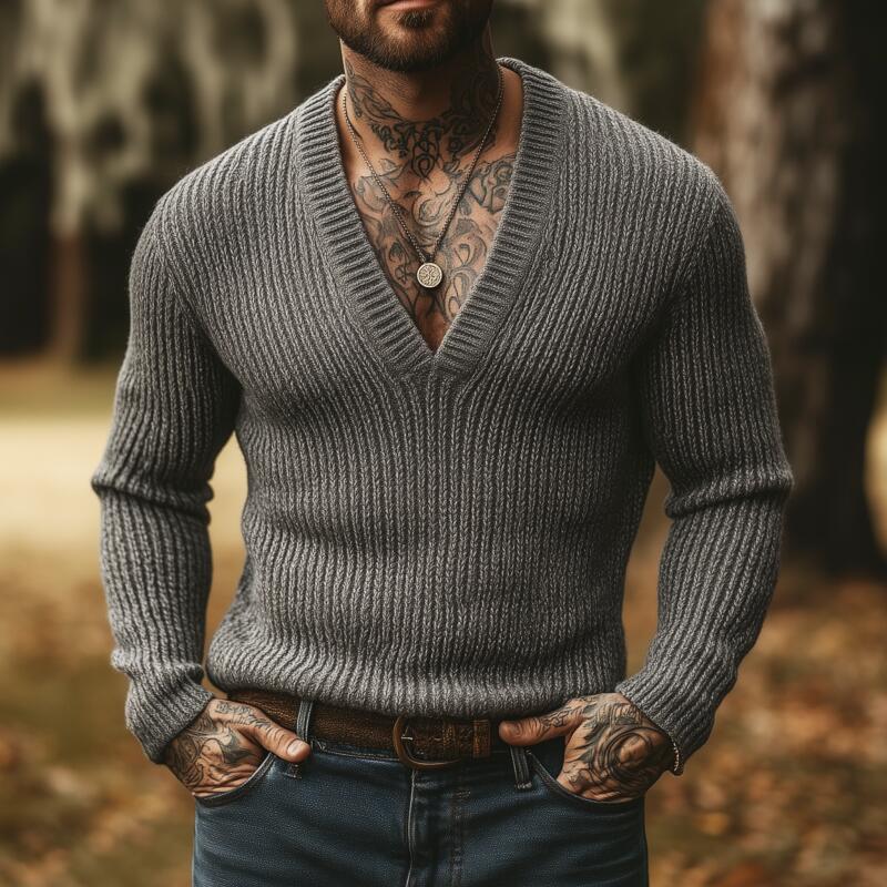 Męski sweter pulower z dekoltem w serek, oddychający, slim fit, gładki kolor MTA2855H8M