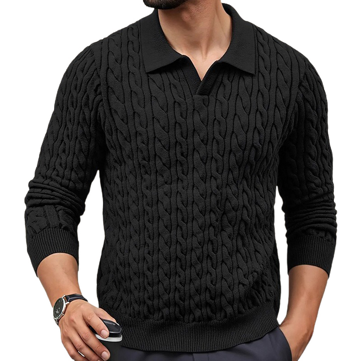 Męski sweter polo z dekoltem, slim fit, w jednolitym kolorze, z fakturą w warkocze MTA1373H6X