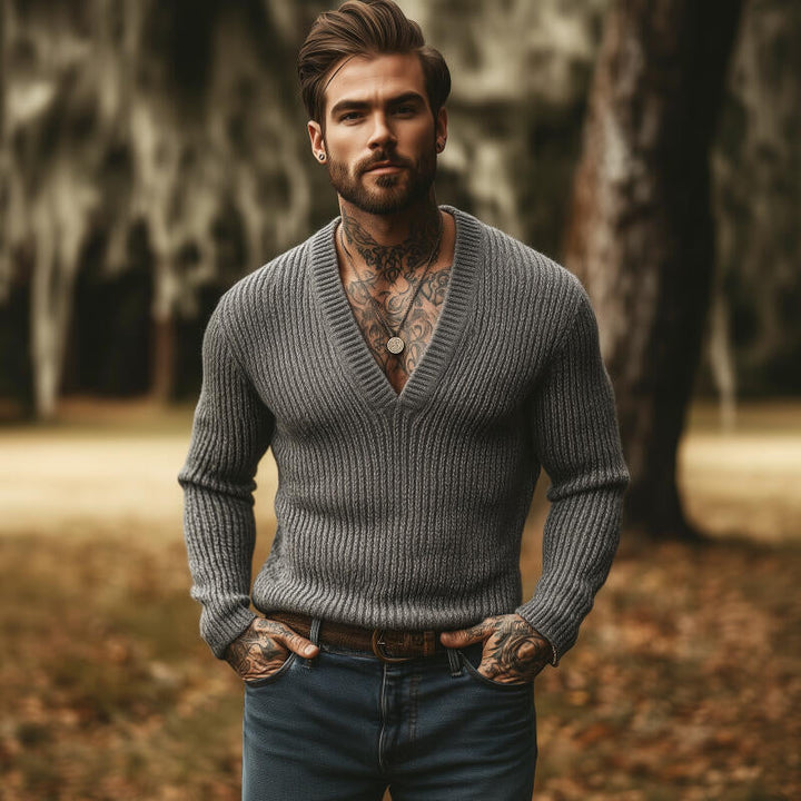 Męski sweter pulower z dekoltem w serek, oddychający, slim fit, gładki kolor MTA2855H8M
