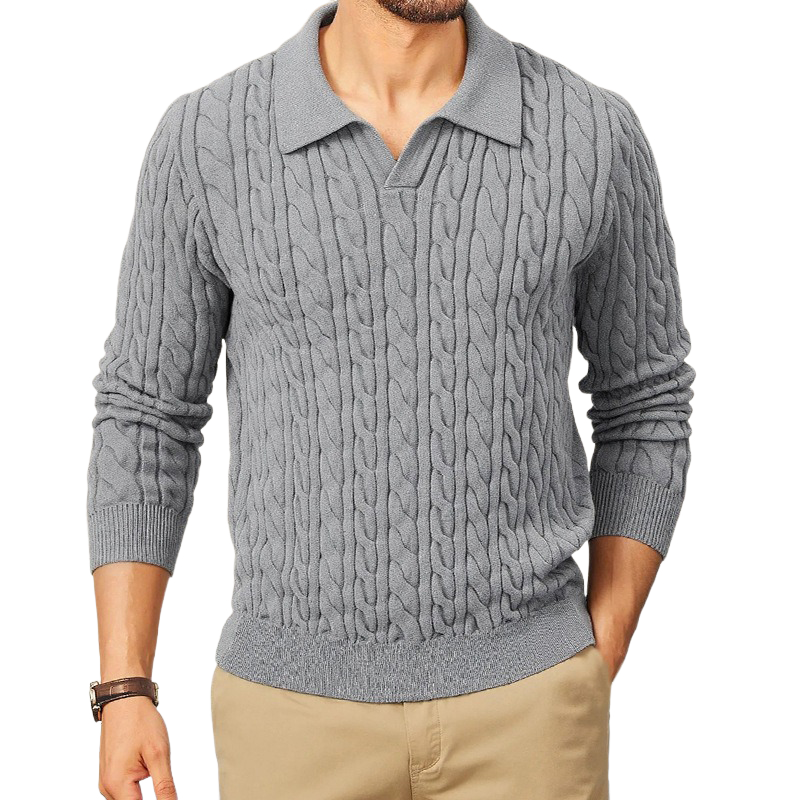 Męski sweter polo z dekoltem, slim fit, w jednolitym kolorze, z fakturą w warkocze MTA1373H6X