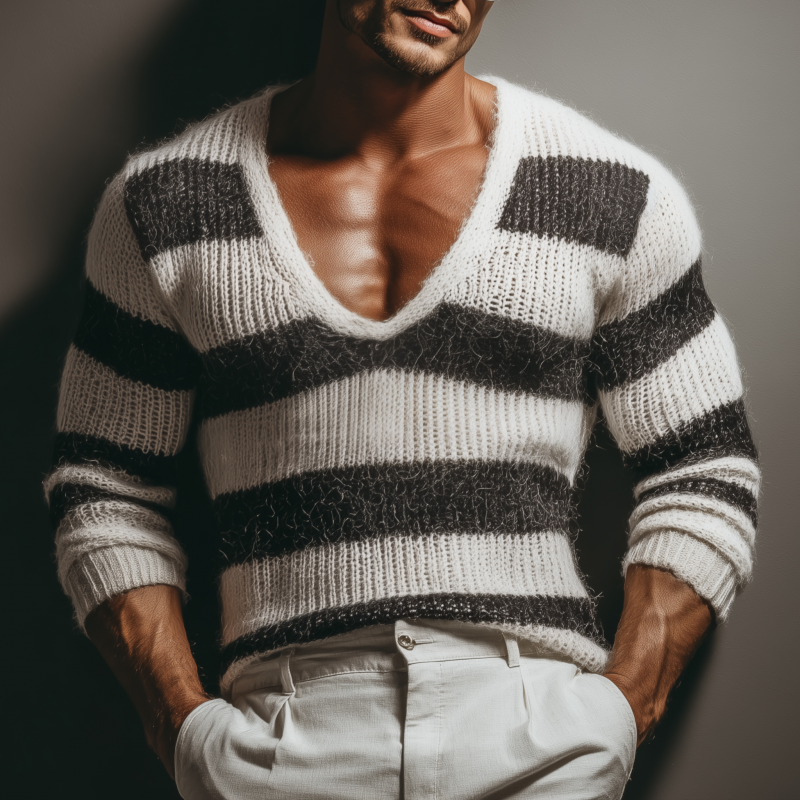 Męski Casual Sweter z Głębokim Dekoltem w Serek w Kontrastowe Paski Slim Fit z Długim Rękawem MTA3152G3M