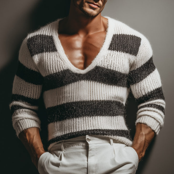 Męski Casual Sweter z Głębokim Dekoltem w Serek w Kontrastowe Paski Slim Fit z Długim Rękawem MTA3152G3M
