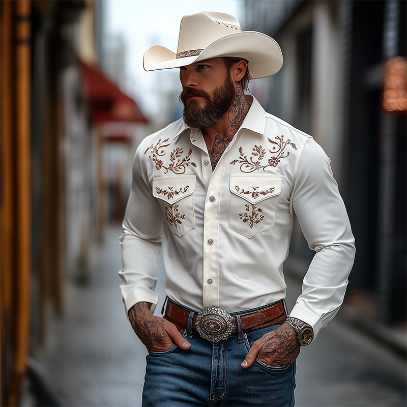 Męska klasyczna koszula w stylu amerykańskim z haftem, slim fit, bawełnowa, z długim rękawem 98153445K