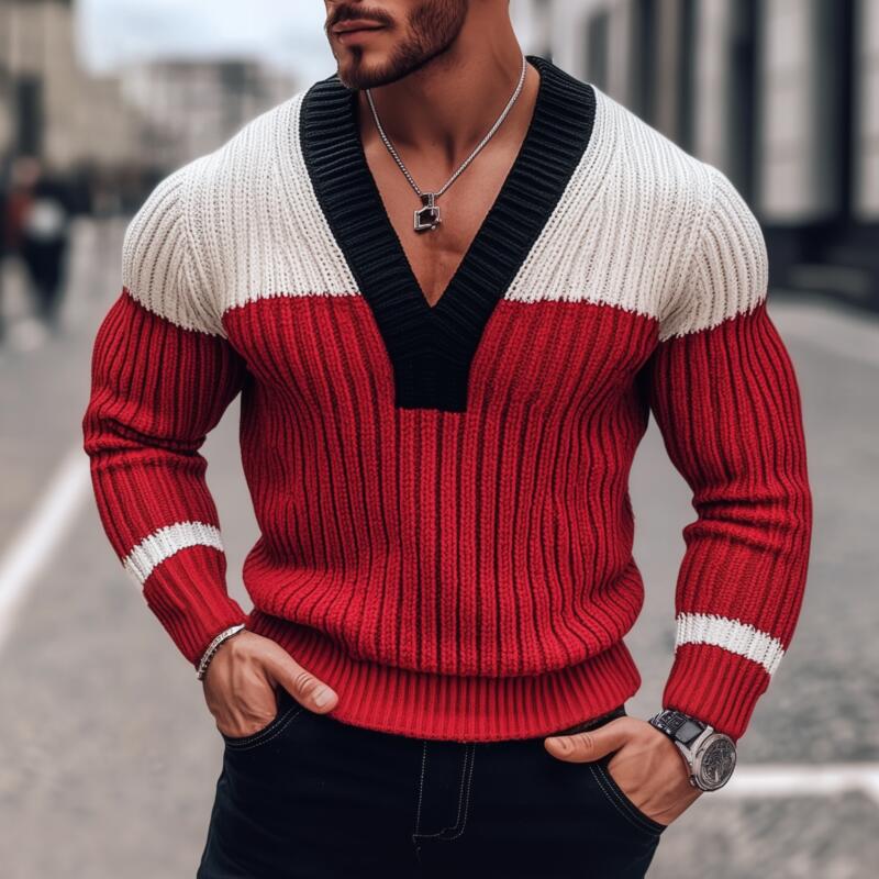 Męski Stylowy Sweter Pullover z Kontrastowym Kolorem, Oddychający, Dzianinowy, Slim Fit MTA2838H0M