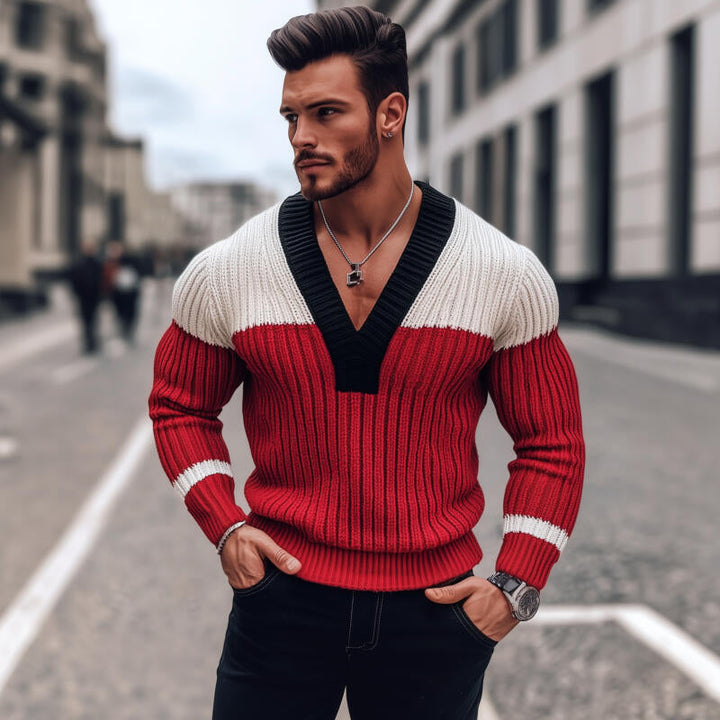 Męski Stylowy Sweter Pullover z Kontrastowym Kolorem, Oddychający, Dzianinowy, Slim Fit MTA2838H0M