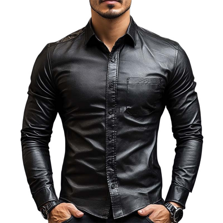 Męska Klasyczna Casual Slim Fit Skórzana Koszula z Długim Rękawem 79897850K
