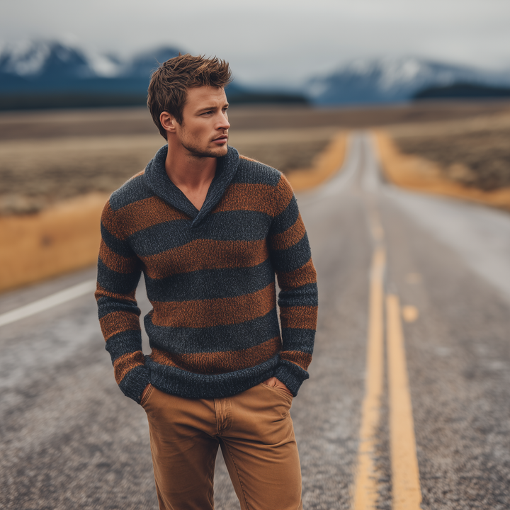Męski klasyczny casualowy sweter z dekoltem w serek w kontrastowe paski, slim-fit MTA3077H8K