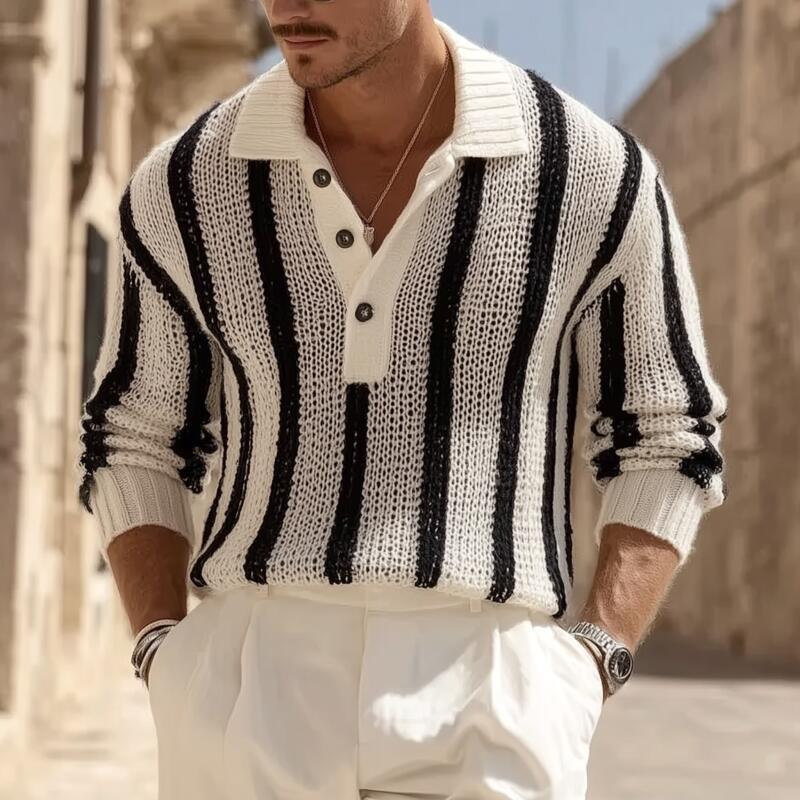 Męski vintage'owy sweter z kontrastowymi paskami, oddychający, z polo, luźny, MTA2831H1M