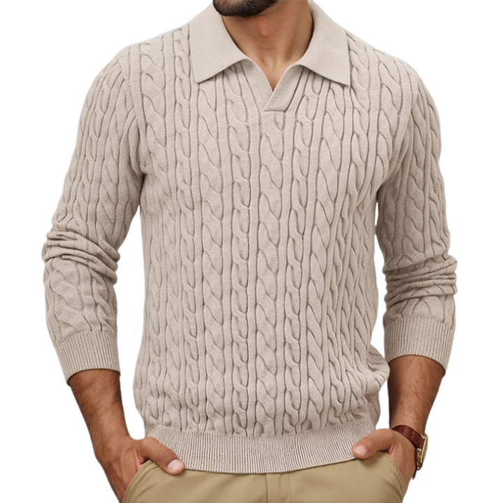 Męski vintage sweter z jednolitym kolorem, polo z kołnierzykiem, jednorzędowy, slim fit, dzianina w warkocze MTA1196H9M