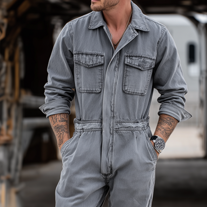 Męski Retro Casual Dżinsowy Pranie Kołnierz Długi Rękaw Koszula Kombinezon MTA0436H3TO