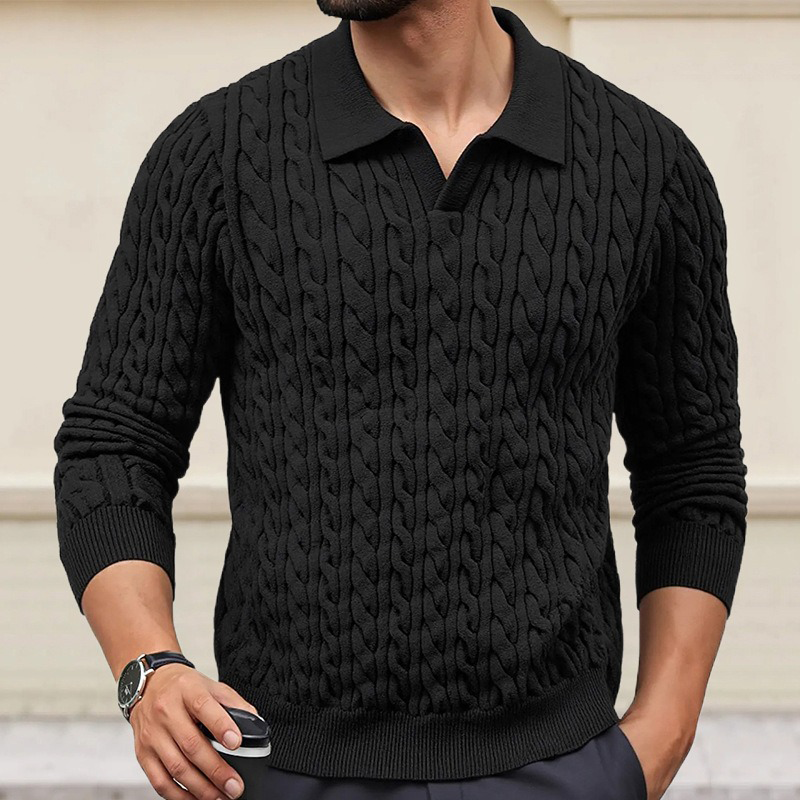 Męski sweter polo z dekoltem, slim fit, w jednolitym kolorze, z fakturą w warkocze MTA1373H6X