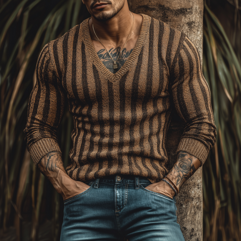 Męski Vintage Kontrastowy Sweter z Pionowymi Paskami w Serek Slim Fit MTA1877H4M