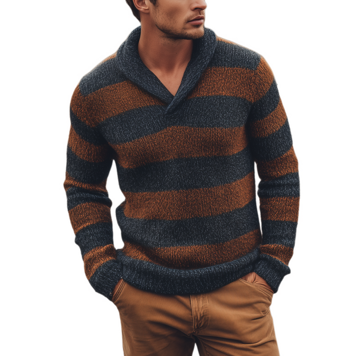 Męski klasyczny casualowy sweter z dekoltem w serek w kontrastowe paski, slim-fit MTA3077H8K