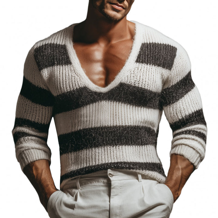 Męski Casual Sweter z Głębokim Dekoltem w Serek w Kontrastowe Paski Slim Fit z Długim Rękawem MTA3152G3M