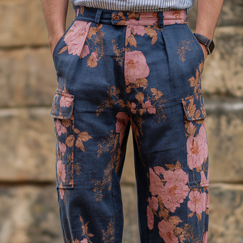 Męskie Vintage Casual Spodnie z Dużym Kwiatowym Wzorem i Kieszeniami MTA3162G7TO